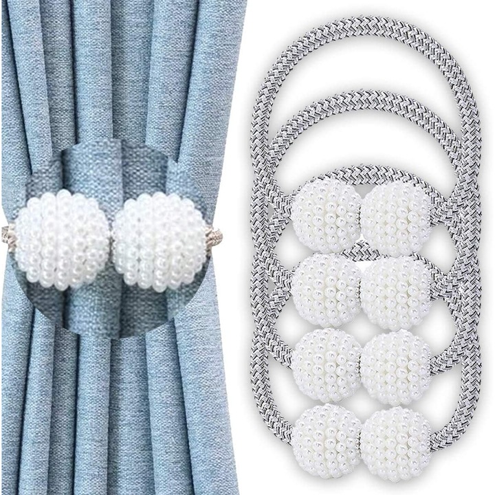 Set de 4 magneti de prindere pentru perdele, argintiu/alb, 43cm
