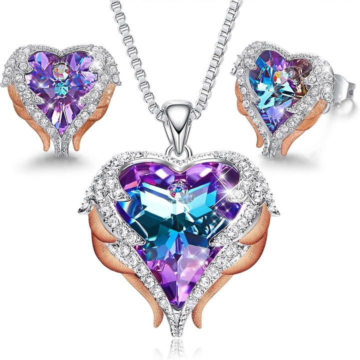 Set colier si cercei cu cristale in forma de inima si aripi de inger, placat cu gun black, ajustabil, albastru inchis