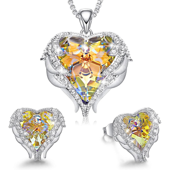 Set colier si cercei cu cristale in forma de inima si aripi de inger, placat cu gun black, ajustabil