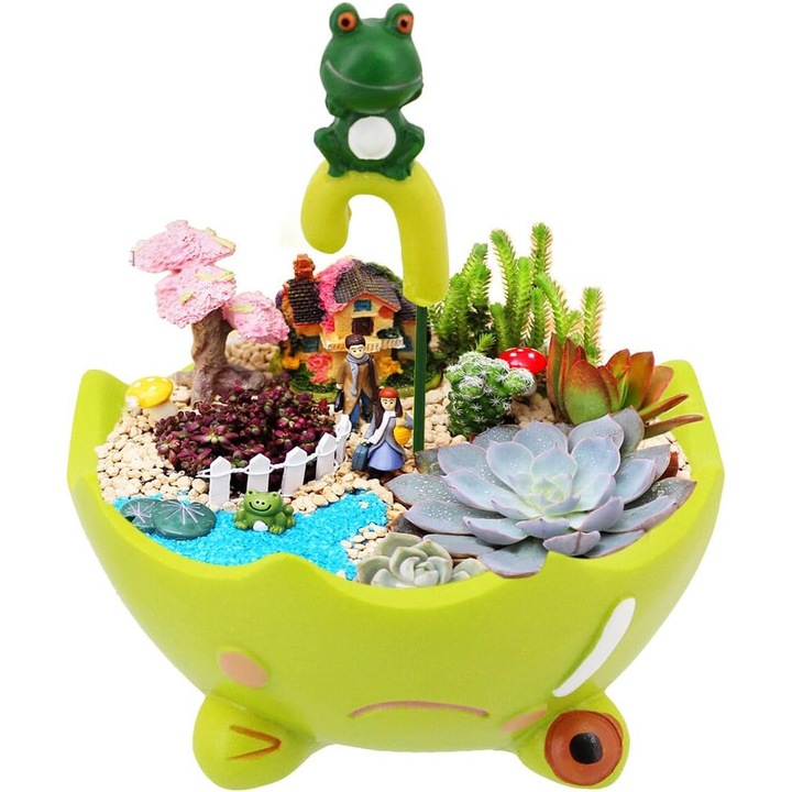 Ghiveci decorativ pentru plante, design broasca, rasina, 5 cm, verde