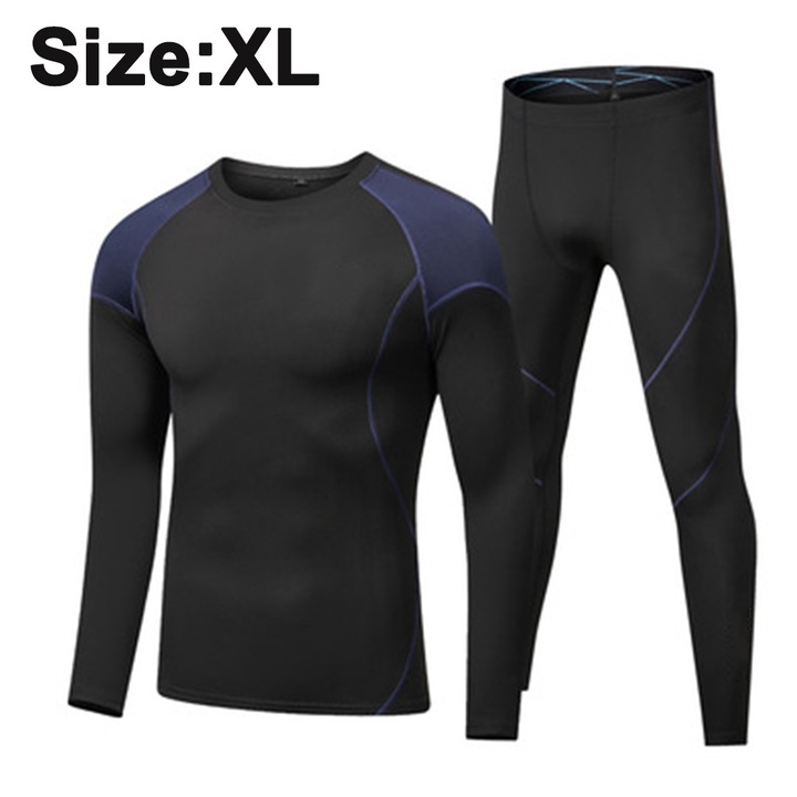 Set termic barbati, polar fleece si spandex, negru cu albastru