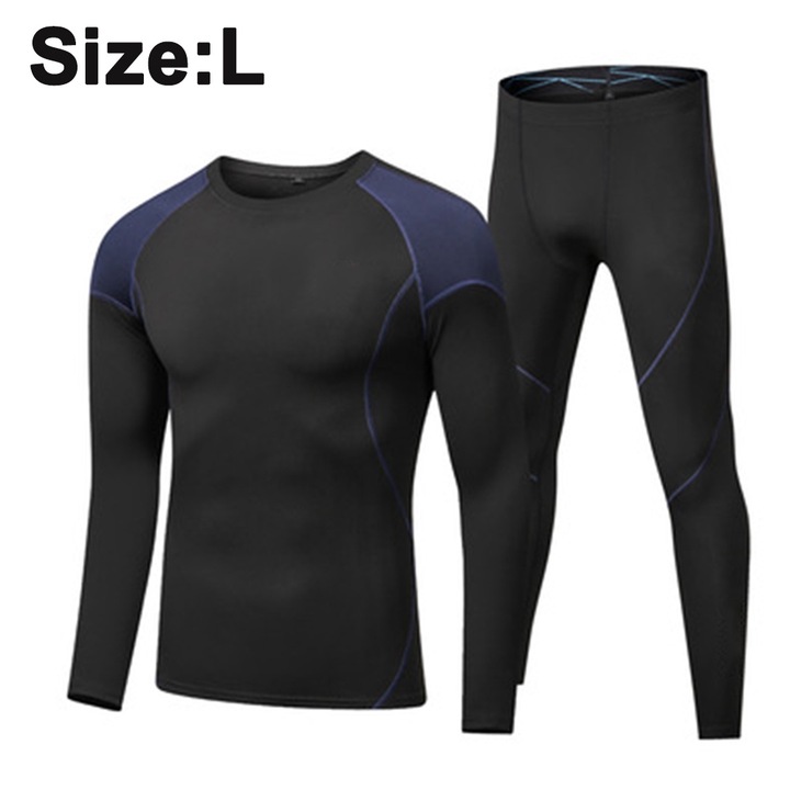 Set termic barbati, polar fleece si spandex, negru cu albastru