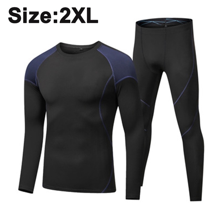 Set termic barbati, polar fleece si spandex, negru cu albastru