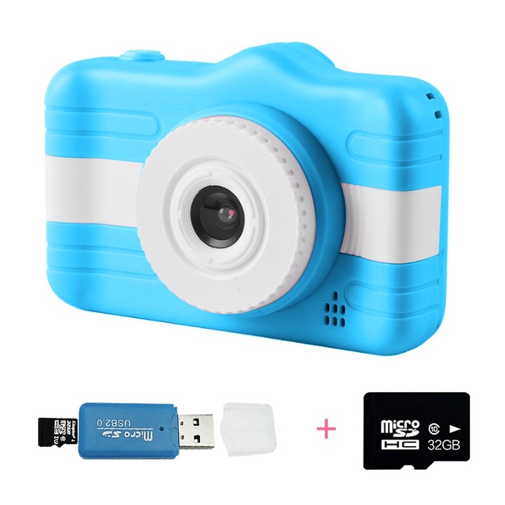 Digitális fényképezőgép gyerekeknek, 3,5 hüvelykes képernyő, 20 MP, rózsaszín és kék, 17x72x25 mm, 32 GB-os kártyával