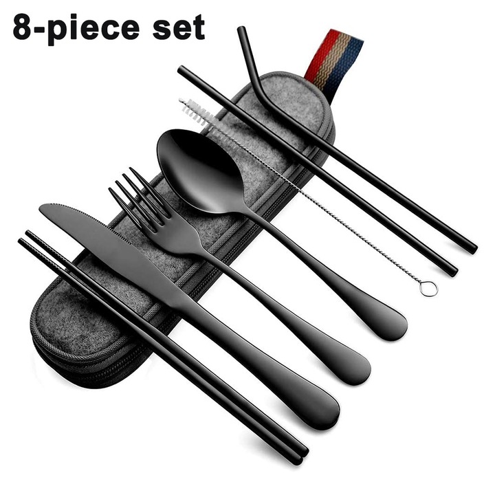 Set tacamuri portabile, inox, 8 piese, argintiu/negru/magic, 24x8x3cm
