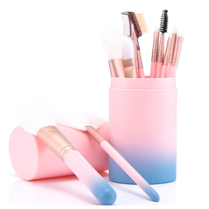 Set 12 pensule machiaj, pentru fond de ten, fard, sprancene, eyeliner, blush, pudra, contur, roz