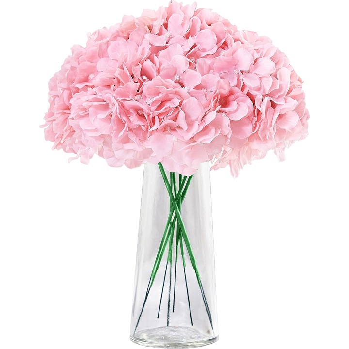 Set 10 flori Hortensie artificiale, 18cm, cu Tulpini Flexibile, Roz, 25cm
