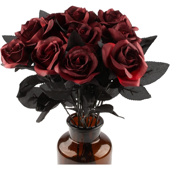 Set 10 flori artificiale, Trandafiri, Negru/Rosu