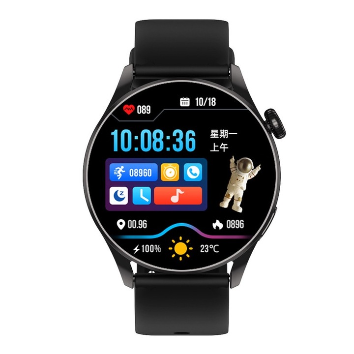 Okosóra, alvás- és pulzusmérő, 1,46" képernyő, fekete