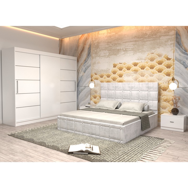 Dormitor Andrei cu Pat Tapitat Alb Stofa de 160x200 cu Dulap 250 Alb cu Usi Albe fara oglinda Noptiere si fara comoda TV