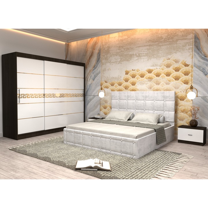 Dormitor Andrei cu Pat Tapitat Alb Stofa de 160x200 Dulap Gold Wenge 250 x 200 cm usi glisante albe fara oglinda, Noptiere si fara comoda TV