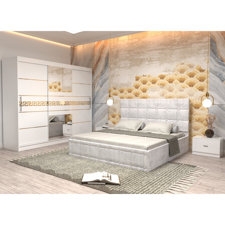 Dormitor Andrei cu Pat Tapitat Alb Stofa de 160x200 cu Dulap Nova Gold 250 Alb cu Usi Albe si Oglinda, Noptiere si fara comoda TV