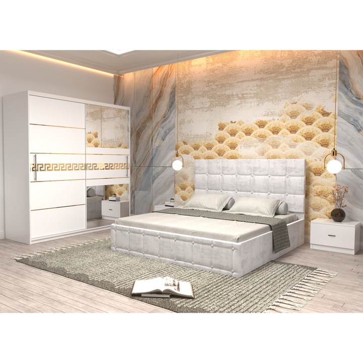 Dormitor Andrei cu Pat Tapitat Alb Stofa de 160x200 Dulap Gold 200 Alb Usi glisante Albe cu Oglinda Noptiere si fara comoda TV
