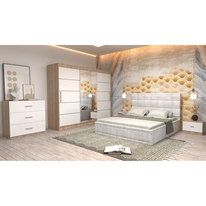 Dormitor Andrei cu Pat Tapitat Alb Stofa de 160x200 cu Dulap 250 Sonoma cu Usi Albe si Oglinda Noptiere si cu comoda TV