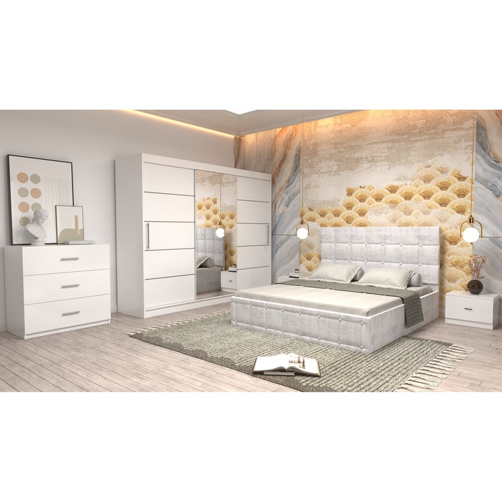 Dormitor Andrei cu Pat Tapitat Alb Stofa de 160x200 cu Dulap 250 Alb cu Usi Albe si Oglinda Noptiere si cu comoda TV