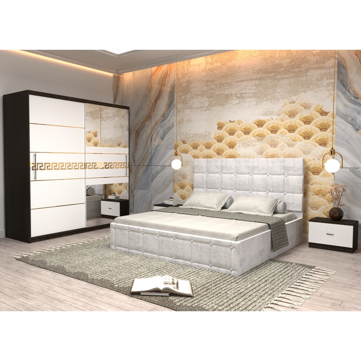 Dormitor Andrei cu Pat Tapitat Alb Stofa de 160x200 cu Dulap Gold 200 Wenghe cu Usi Albe si Oglinda, Noptiere si fara comoda TV