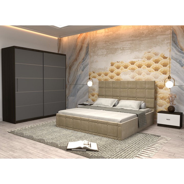 Dormitor Andrei cu Pat Tapitat Bej Stofa de 160x200 Dulap 200 Wenge Usi glisante gri fara Oglinda Noptiere si fara comoda TV