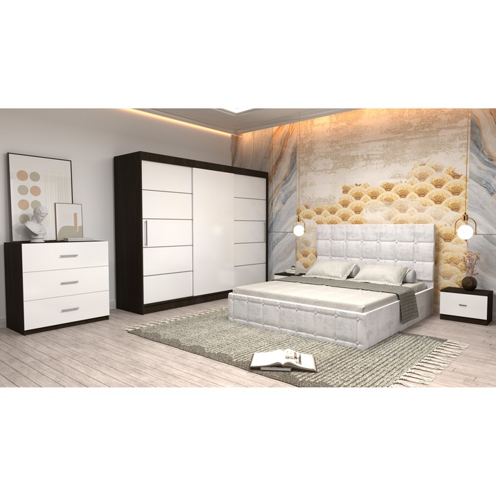 Dormitor Andrei cu Pat Tapitat Alb Stofa de 160x200 cu Dulap 250 Wenge cu Usi Albe fara oglinda Noptiere si cu comoda TV