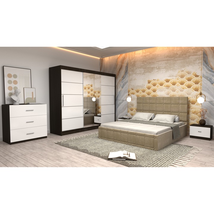 Dormitor Andrei cu Pat Tapitat Bej Stofa Dulap usi Glisante Wenge 250 x 200 cm usi glisante albe cu oglinda Noptiere si Comoda Tv