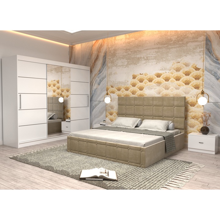 Dormitor Andrei cu Pat Tapitat Bej Stofa de 160x200 cu Dulap 250 Alb cu Usi Albe si Oglinda, Noptiere si fara comoda TV