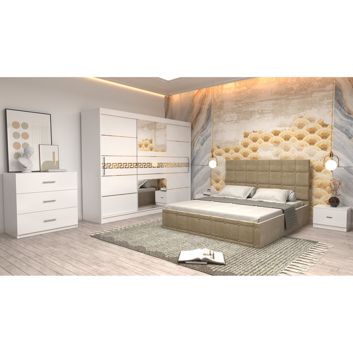Dormitor Andrei cu Pat Tapitat Bej Stofa de 160x200 cu Dulap Nova Gold 250 Alb cu Usi Albe si Oglinda Noptiere si cu comoda TV