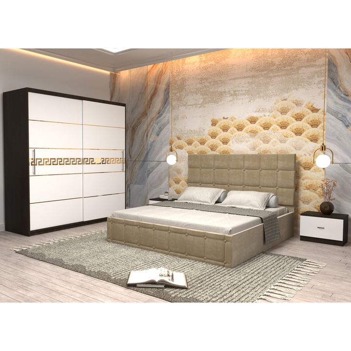 Dormitor Andrei cu Pat Tapitat Bej Stofa de 160x200 cu Dulap Gold 200 Wenge cu Usi Albe fara oglinda Noptiere si fara comoda TV