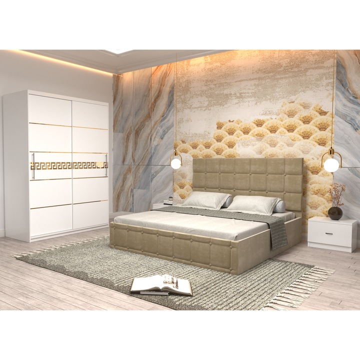 Dormitor Andrei cu Pat Tapitat Bej Stofa Dulap Gold 150 Alb Usi glisante Albe fara Oglinda Noptiere si fara comoda TV