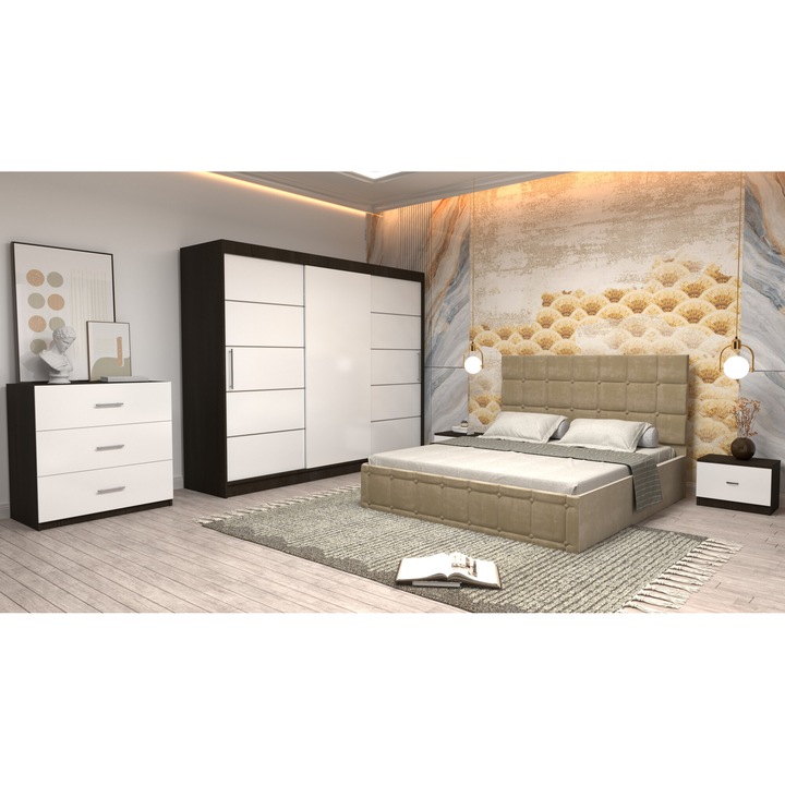 Dormitor Andrei cu Pat Tapitat Bej Stofa de 160x200 cu Dulap 250 Wenge cu Usi Albe fara oglinda Noptiere si cu comoda TV