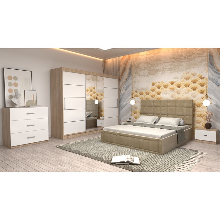 Dormitor Andrei cu Pat Tapitat Bej Stofa de 160x200 cu Dulap 250 Sonoma cu Usi Albe si Oglinda Noptiere si cu comoda TV
