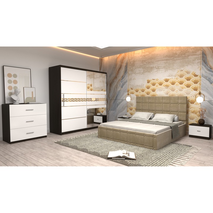 Dormitor Andrei cu Pat Tapitat Bej Stofa de 160x200 cu Dulap Gold 200 Wenghe cu Usi Albe si Oglinda, Noptiere si cu comoda TV