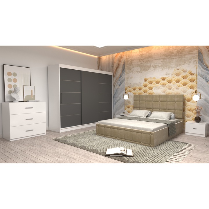 Dormitor Andrei cu Pat Tapitat Bej Stofa de 160x200 cu Dulap 250 Alb cu Usi Gri fara oglinda, Noptiere si cu comoda TV