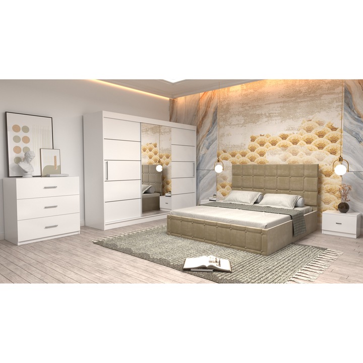 Dormitor Andrei cu Pat Tapitat Bej Stofa de 160x200 cu Dulap 250 Alb cu Usi Albe si Oglinda Noptiere si cu comoda TV