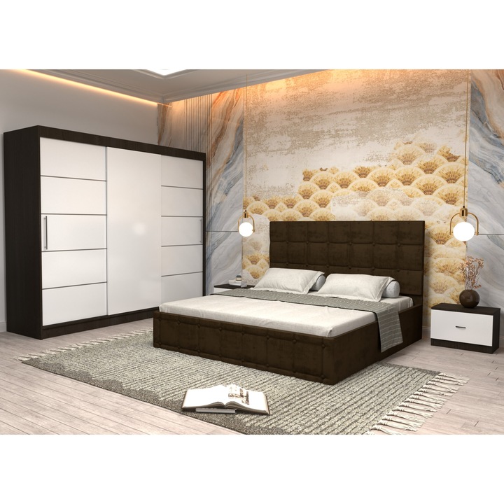 Dormitor Andrei cu Pat Tapitat Maro Stofa de 160x200 cu Dulap 250 Wenge cu usi Albe fara Oglinda, Noptiere si fara Comoda TV