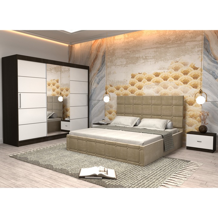 Dormitor Andrei cu Pat Tapitat Bej Stofa de 160x200 cu Dulap 250 Wenge Usi Albe cu Oglinda Noptiere si fara comoda TV