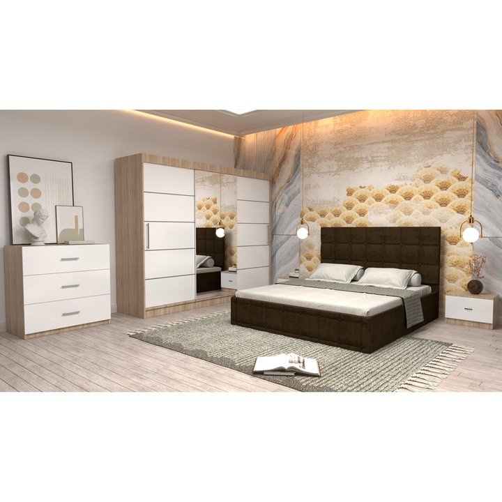 Dormitor Andrei cu Pat Tapitat Maro Stofa de 160x200 cu Dulap 250 Sonoma cu usi Albe cu Oglinda, Noptiere si Comoda TV