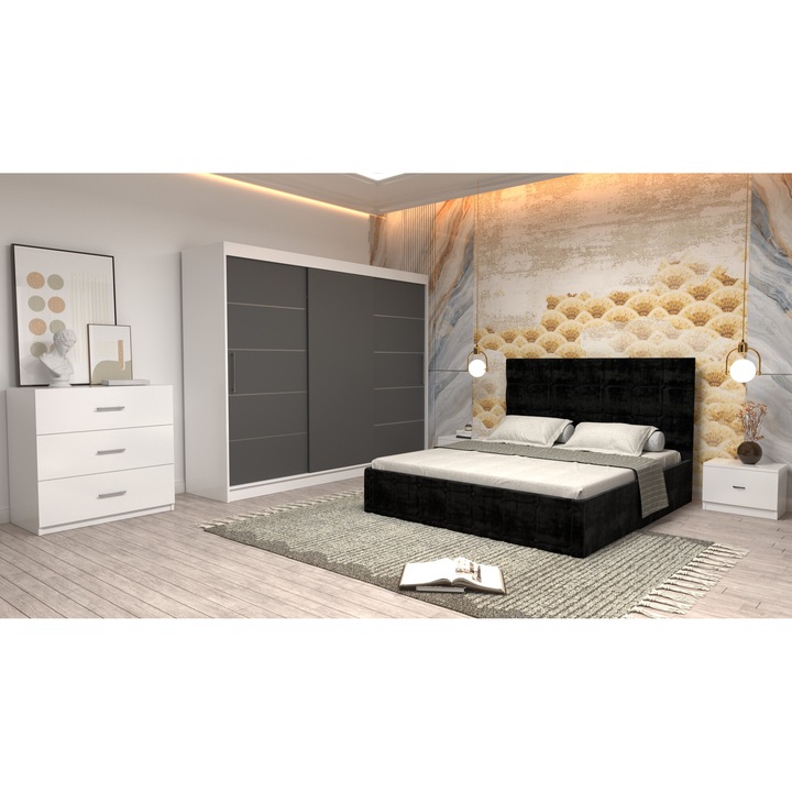 Dormitor Andrei cu Pat Tapitat Negru Stofa de 160x200 cu Dulap 250 Alb cu Usi Gri fara Oglinda, Noptiere si Comoda TV