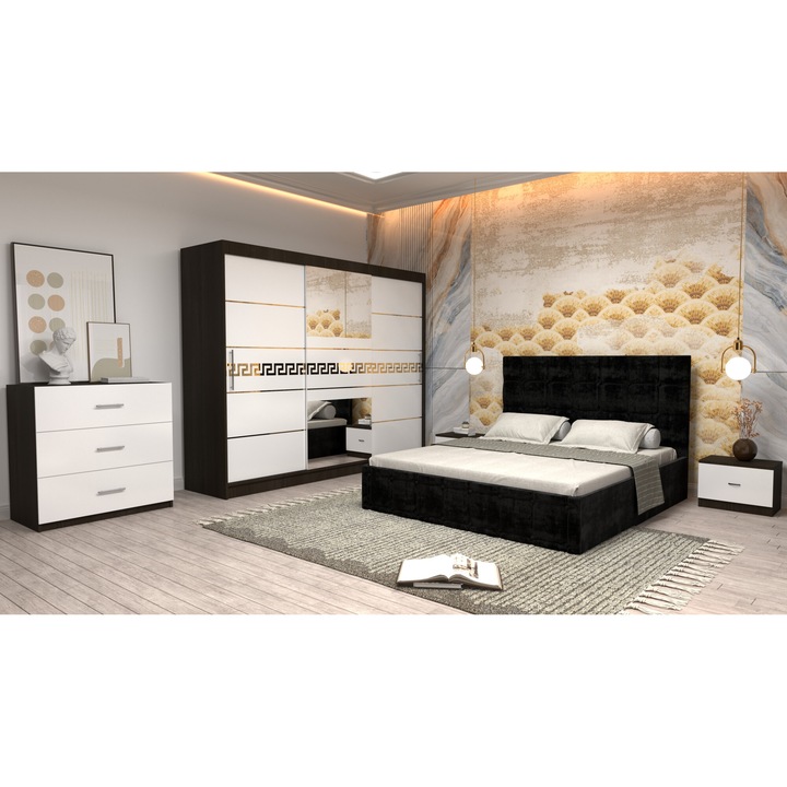 Dormitor Andrei cu Pat Tapitat Negru Stofa de 160x200 cu Dulap Nova Gold 250 Wenge cu Usi Albe cu Oglinda, Noptiere si Comoda TV