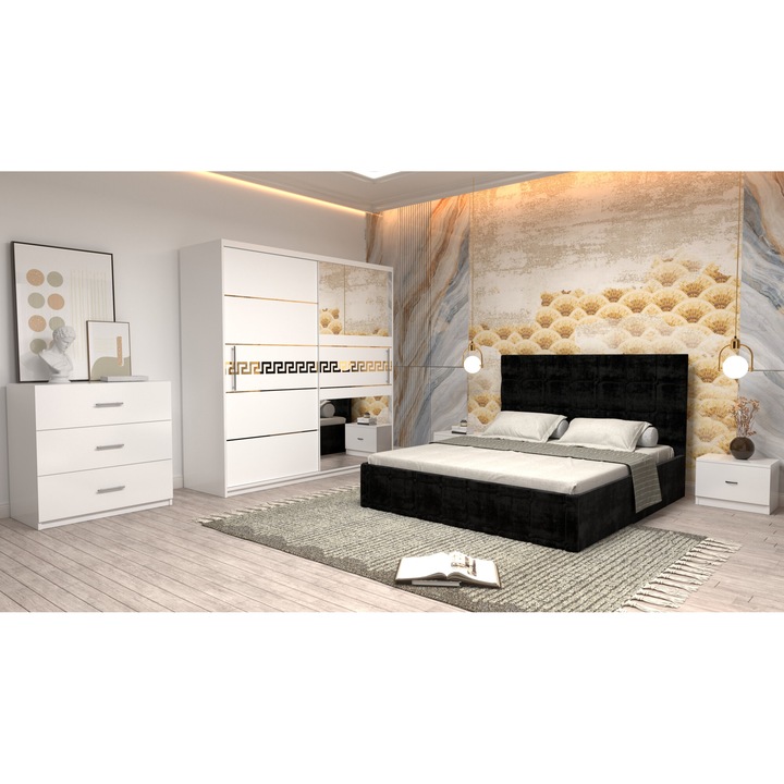 Dormitor Andrei cu Pat Tapitat Negru Stofa de 160x200 cu Dulap Nova Gold 200 Alb cu Usi Albe cu Oglinda, Noptiere si Comoda TV