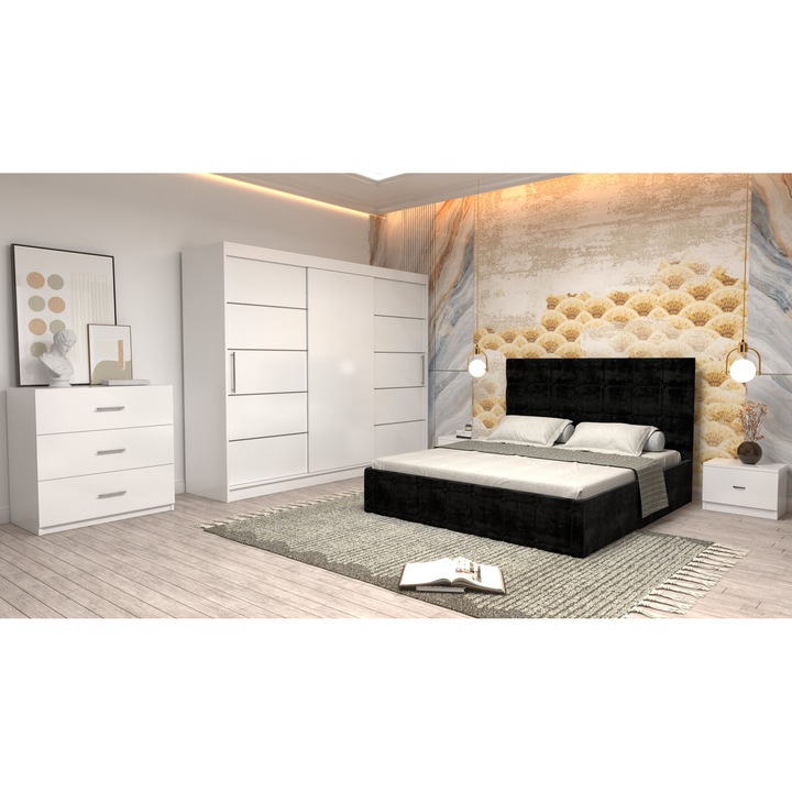 Dormitor Andrei cu Pat Tapitat Negru Stofa de 160x200 cu Dulap 250 Alb cu Usi Albe fara Oglinda, Noptiere si Comoda TV