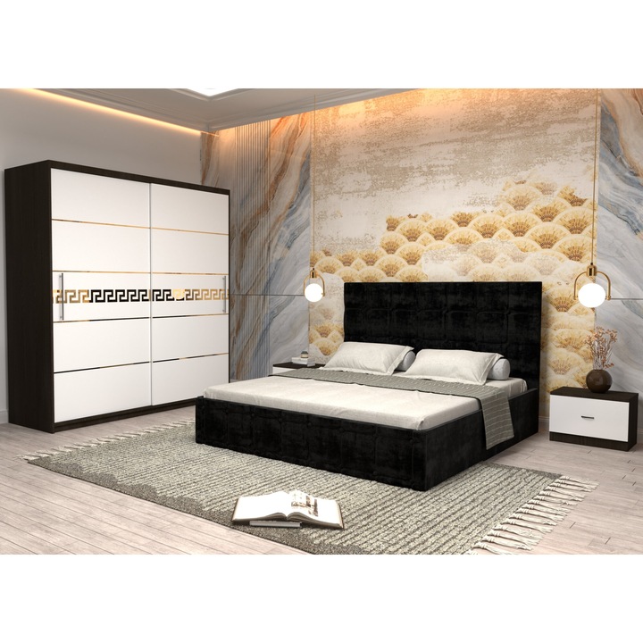 Dormitor Andrei cu Pat Tapitat Negru Stofa de 160x200 cu Dulap Nova Gold 200 Wenge cu Usi Albe fara Oglinda, Noptiere si Comoda TV