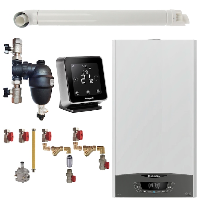 Pachet centrala termica Ariston CLAS ONE System 35 kW, doar incalzire, doar incalzire, termostat Wi-Fi Honeywell Lyric T6R, cu filtru antimagnetita Fernox TF1, kit montaj complet RTM si kit de evacuare RTM incluse