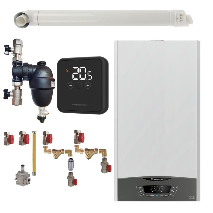 Pachet centrala termica Ariston CLAS ONE System 35 kW, doar incalzire, doar incalzire, termostat Honeywell Wireless DT4R, cu filtru antimagnetita Fernox TF1, kit montaj complet RTM si kit de evacuare RTM incluse