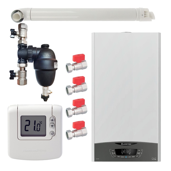 Pachet centrala termica Ariston CLAS ONE System 35 kW, doar incalzire, doar incalzire, termostat Honeywell Wireless DT92, cu filtru antimagnetita Fernox TF1, set robineti Fornara si kit de evacuare RTM incluse