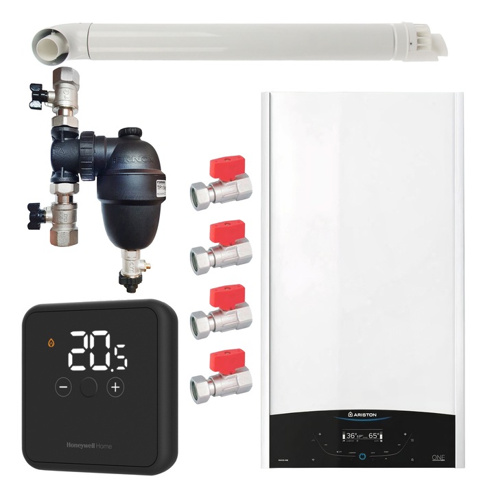 Pachet centrala termica Ariston GENUS ONE+ System 24 kW, doar incalzire, doar incalzire, termostat Honeywell Wireless DT4R, cu filtru antimagnetita Fernox TF1, set robineti Fornara si kit de evacuare RTM incluse