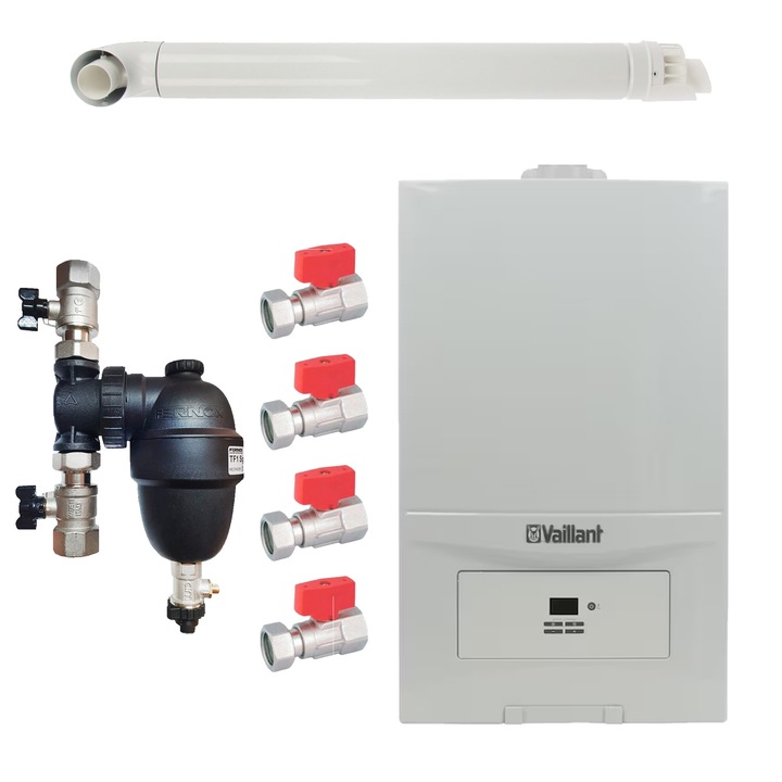Pachet centrala termica Vaillant VUW 236/7-2 ecoTEC Pure 23 kW, gaz natural + GPL, murala, filtru antimagnetita Fernox F1 Sigma, set robineti Fornara si kit evacuare RTM incluse