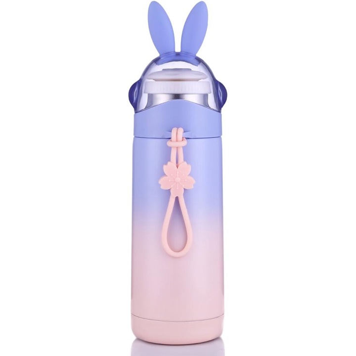Sticla termoizolanta pentru copii, forma iepuras, inox, izolatie 6-12 ore, violet/roz, 350ml