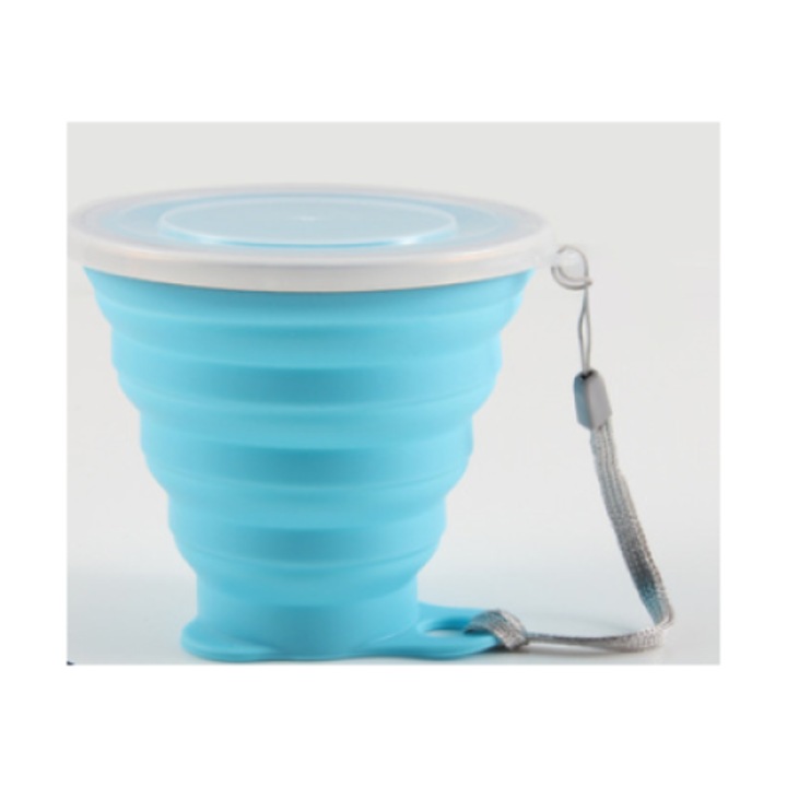 Set 4 Cani pliabile, silicon, cu capac, portabile, albastru, 260ml