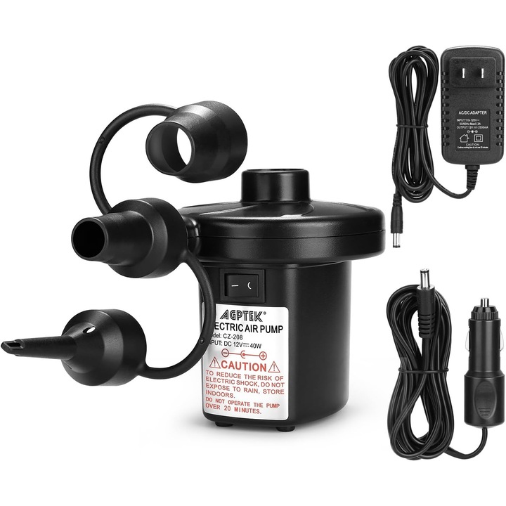 Pompa de umflat electrica, portabila, cu 3 duze, Pentru perne gonflabile/mingi de yoga/Saci de compresie/barci/inel de inot, negru