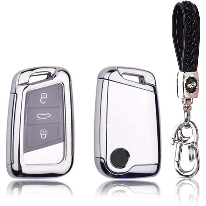 Husa protectie cheie auto + lant chei, compatibil Volkswagen Passat, Tiguan, Atlas, Golf Alltrack, Jetta, Skoda Superb A7, Kodiaq, TPU cromat