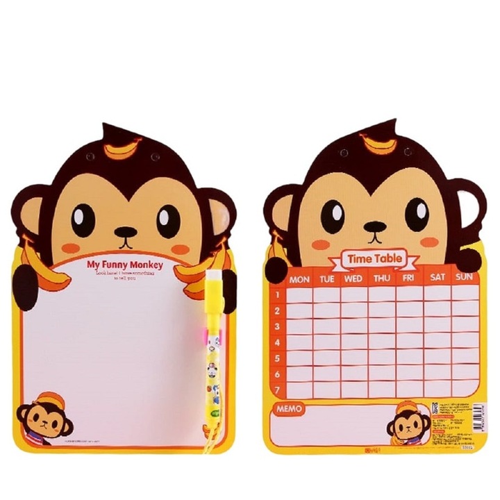 Tabla de scris dubla fata pentru copii, design cu maimuta galbena, 24.5x16.5cm, set cu stilou